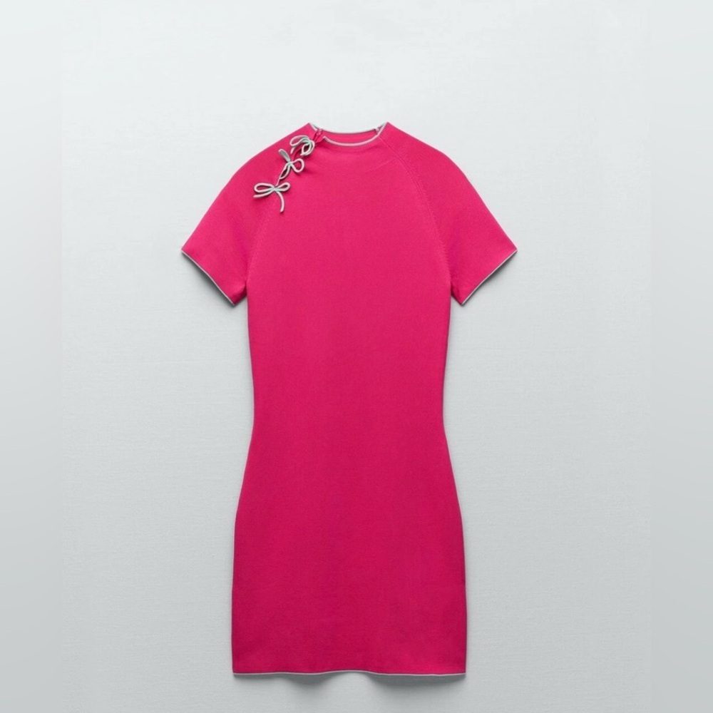 Zara Hot Pink Mini Dress with Shoulder Tie Detail